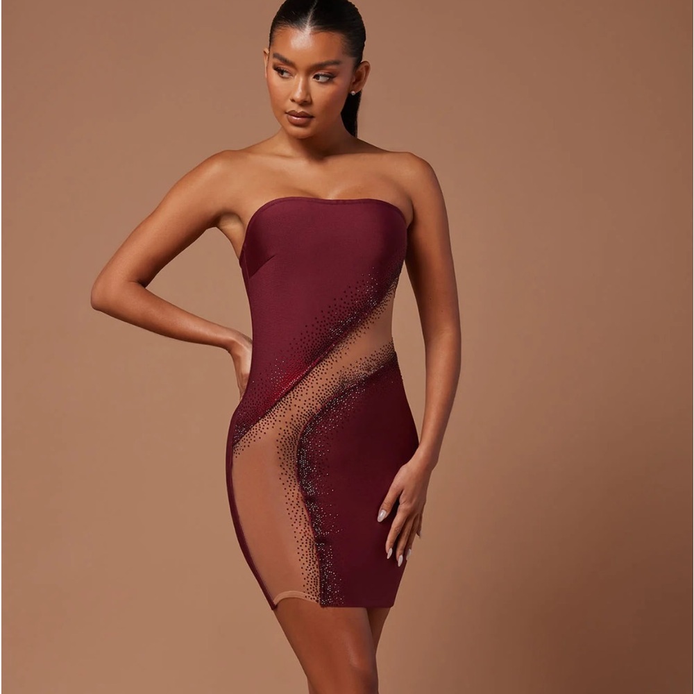 Burgundy embellished mesh cutout bodycon dress